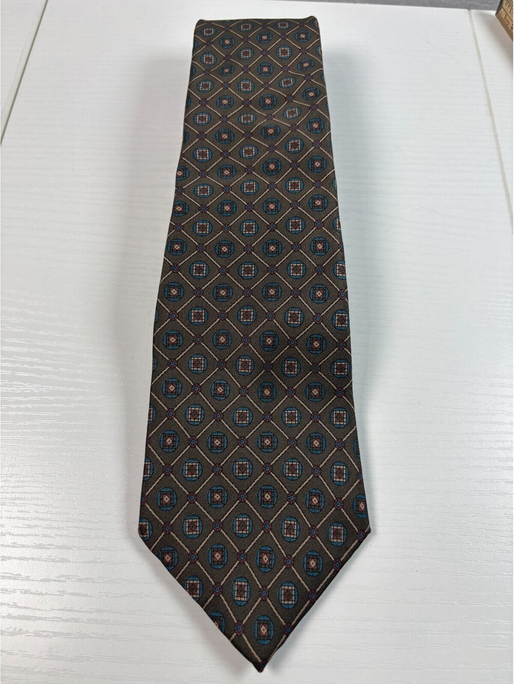 Windsor Vintage Necktie Olive Brown Blue Burgundy Geometric Foulard Tie